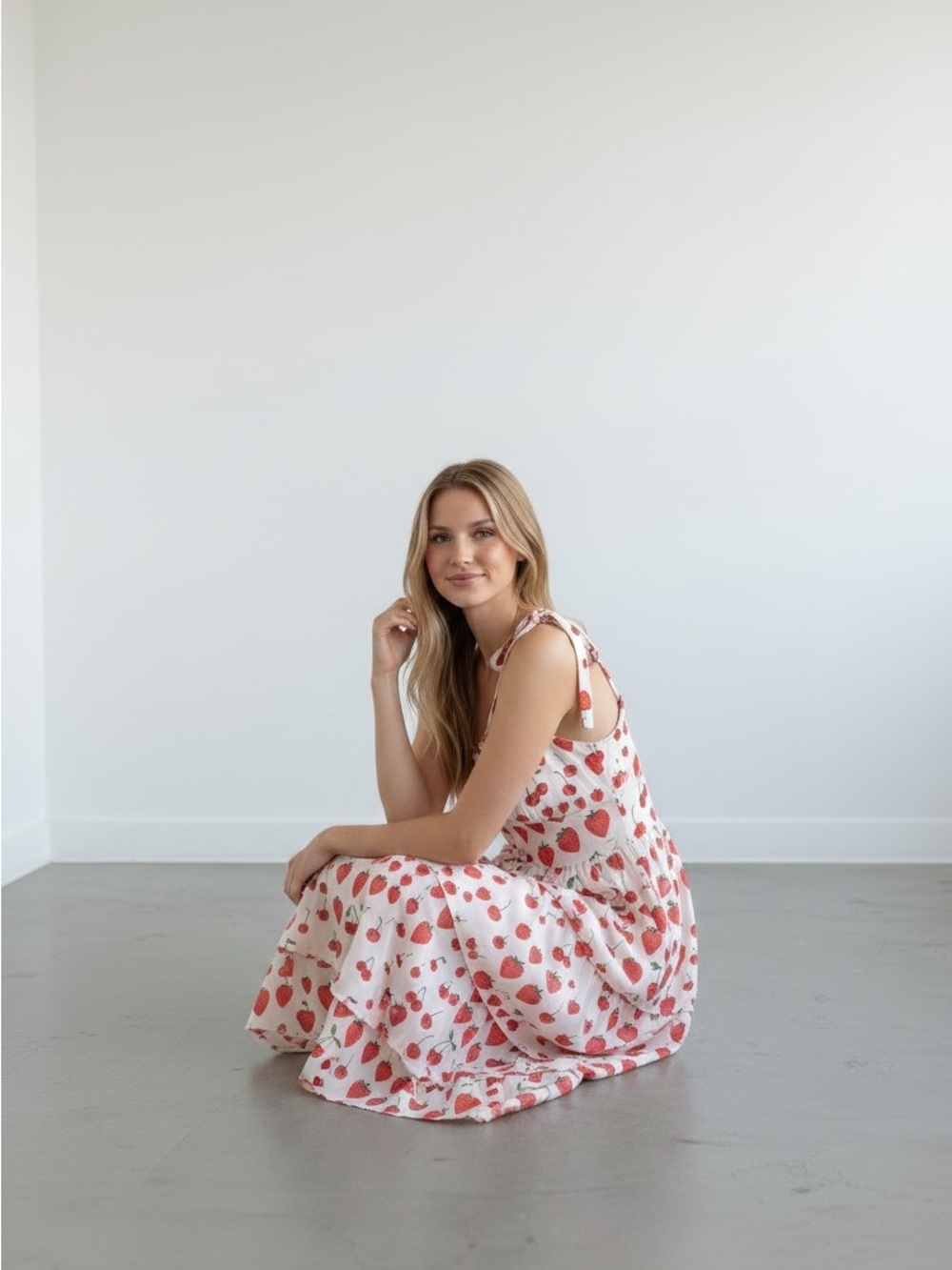 White and Red Strawberry Tiered Midi Dress - Picture 3 of 7
